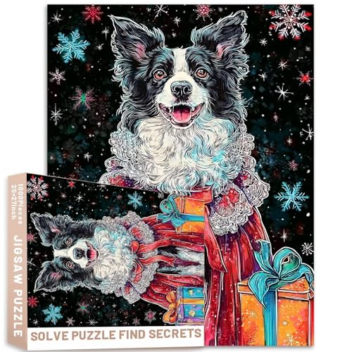 Border Collie Kleid präsentiert Schneeflocken, 1000 Teile, Aquarell, psychedelisch, Puzzle, Kunststil, anspruchsvolle Familienaktivitäten, Spiele, bunt, Bastelpuzzle für Heimdekoration, Geschenke von Generic