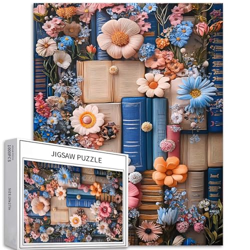 Bücher und Blumen, 1000-teiliges Puzzle für Erwachsene, 3D-Stickerei-Effekt, Szene, Kunst-Puzzle, bunte DIY-Puzzles für Heimdekoration, Geschenke, Familienpuzzle, perfekt für Spieleabende, 50,8 x 68,9 Bücher und Blumen, 1000-teiliges Puzzle für Erwachsene, 3D-Stickerei-Effekt, Szene, Kunst-Puzzle, bunte DIY-Puzzles für Heimdekoration, Geschenke, Familienpuzzle, perfekt für Spieleabende, 50,8 x 68,9 von Generic