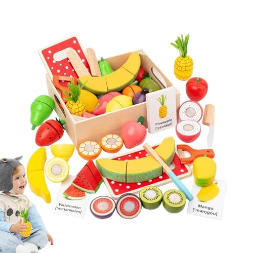 Buntes Spielnahrungsset aus Holz – Obst- und Gemüseschneid-Set, Lern-Memory-Karten | Lebensmittelschneide-Spielzeug-Set, Küchenzubehör von Generic