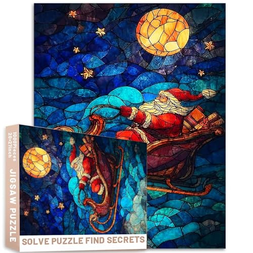 Buntglas-Puzzle, Weihnachtsmann, Schlitten, fliegender Nachthimmel, 1000 Stück, Erwachsenenpuzzle, 68 x 50 cm, Mond, Sterne, festliche Fensterkunst, anspruchsvolles Familienspiel, Heimdekoration Buntglas-Puzzle, Weihnachtsmann, Schlitten, fliegender Nachthimmel, 1000 Stück, Erwachsenenpuzzle, 68 x 50 cm, Mond, Sterne, festliche Fensterkunst, anspruchsvolles Familienspiel, Heimdekoration von Generic