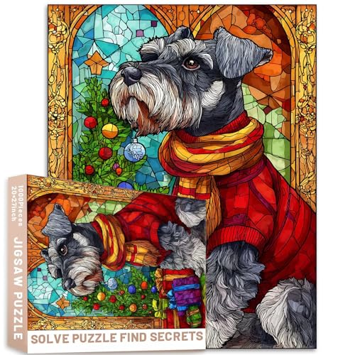Buntglas-Puzzle, grauer Schnauzer-Hund in rotem Pullover, 1000 Teile, für Erwachsene, 68,6 x 50,8 cm, buntes DIY-Puzzle, Heimdekoration, Geschenke, Familienpuzzle, perfekt für Spieleabende von Generic