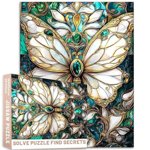 Buntglas-Puzzle mit Schmetterlingen, 1000 Teile, weißgold, grüne Edelsteine, blaugrüne Akzente, herausfordernde Familienaktivitäten, buntes Bastelpuzzle für Heimdekoration, Geschenke von Generic