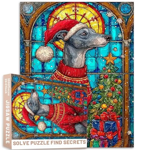 Buntglas-Windhund-Weihnachtspuzzle, roter Pullover, Weihnachtsmannmütze, 1000 Teile, Baumdekoration, 68,6 x 50,8 cm, bunt, DIY-Puzzle, Heimdekoration, Geschenke, Familienpuzzle, perfekt für von Generic