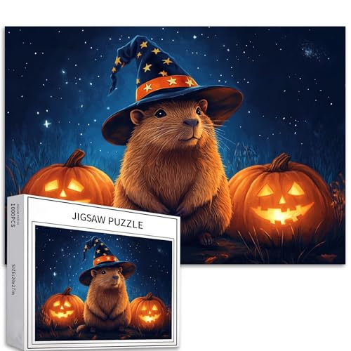 Capybara Welpen-Zaubererhut, 1000 Teile, Halloween-Puzzle, Erwachsene, Anfänger, leuchtende Kürbisse, herausfordernde Familienaktivität, 68 x 50 cm von Generic