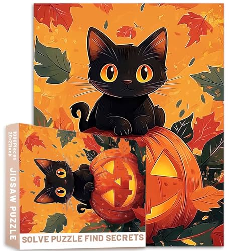 Cartoon-Laternen-Puzzle mit schwarzer Katze, 68 x 50 cm, herausfordernde Familien-Aktivitätsspiele, buntes DIY-Bastelpuzzle für Heimdekoration, Geschenke von Generic