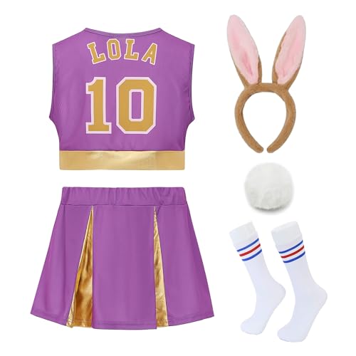 Cheerleading-Kostüme für Damen, Lola #10 Squad Film-Kostüme, Halloween, Oberteil und kurzer Rock, Outfit mit Party-Hasen-Zubehör, Lila, Größe M von Generic