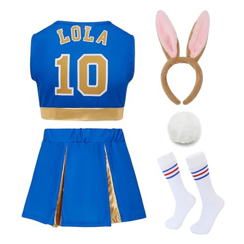 Cheerleading-Kostüme für Damen, Lola #10 Squad Film-Kostüme, Halloween-Oberteil und kurzer Rock, Outfit mit Party-Hasen-Zubehör, Blau, Größe M von Generic