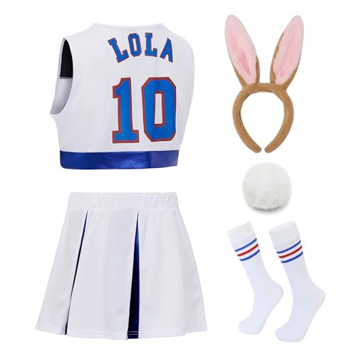 Cheerleading-Kostüme für Damen, Lola #10 Squad Film-Kostüme, Halloween-Oberteil und kurzer Rock, Outfit mit Party-Hasen-Zubehör, Weiß, Größe XL von Generic