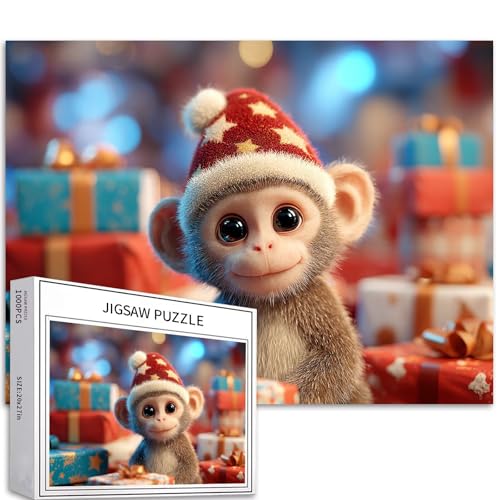 Christmas Monkey Baby 1000 Teile Puzzle für Erwachsene Weihnachten Werkstatt Hintergrund Puzzle Bunte DIY Puzzles für Heimdekoration Geschenke Familie Puzzle Perfekt für Spielabende 70 × 50 cm von Generic