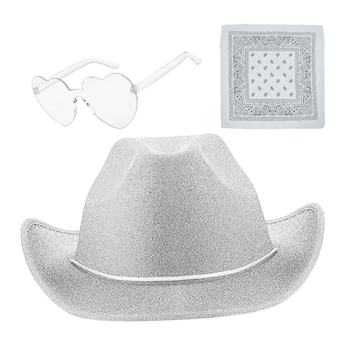 Cowboyhüte für Damen, Cowgirl Hüte für Damen - Cowgirl Hut, Cowboyhut, 3 funkelnde Hüte mit Bandana und Brille, Westernhut mit verstellbarem Kordelzug, p von Generic