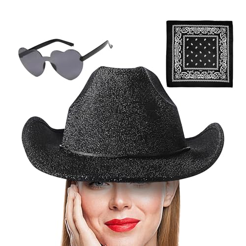 Cowgirl-Hüte für Damen, Cowboyhut für Damen - Cowgirl Hut Cowboyhut - 3 funkelnde Hüte mit Bandana und Brille, Westernhut mit verstellbarem Kordelzug, von Generic