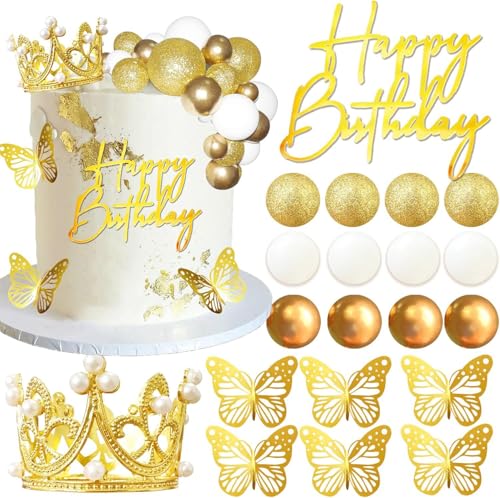Crown Cake Toppers Butterfly Cake Decorations Balls Cupcake Toppers Happy Birthday for Birthday Wedding Baby Shower Party Decorations (Gold Butterfly-Glitter Gold Ball) von Generic