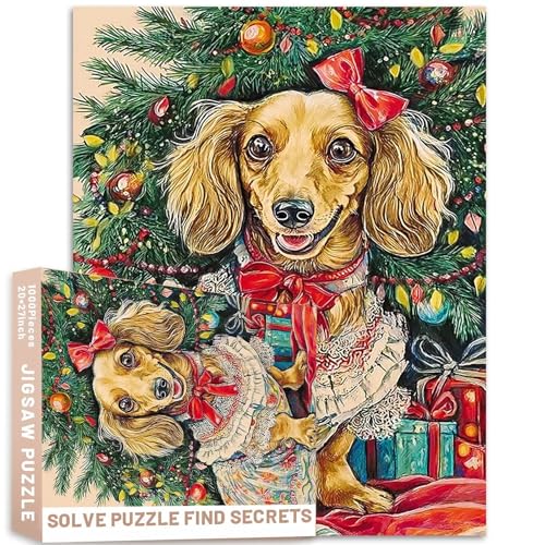 Dackel-Spitzenkleid, rote Schleife, Weihnachtsbaum, 1000 Teile, Puzzle, Haustier, Erwachsene, bunt, DIY-Puzzles für Heimdekoration, Geschenke, Familienpuzzle, perfekt für Spieleabende von Generic