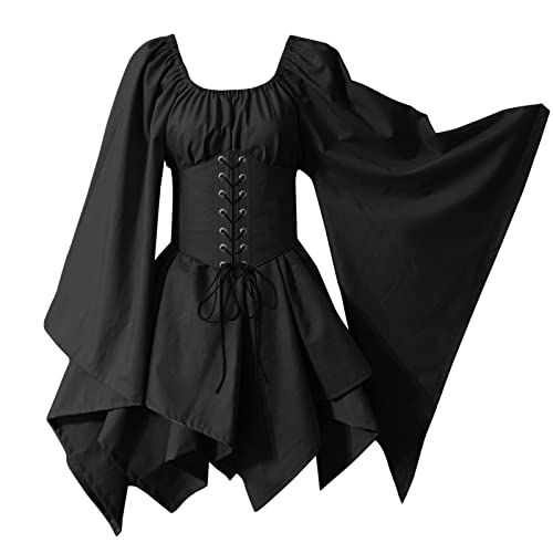 Damen Gothic Kleid Mittelalterliches Kostüm Mittelalter Kleid mit Trompetenärmel Retro Kostüm Gothic Renaissance Viktorianisches Prinzessin Kleidung Hexenkostüm Schnürkleid von Generic