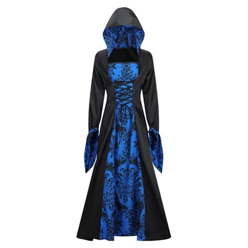 Damen Halloween Retro Mittelalter Hexenkleid mit ausgestellten Ärmeln Viktorianische Renaissance Kapuze Gothic Langes Kleid Halloween Party Cosplay Kostüme Outfit Mädchen Halloween Kostüm von Generic