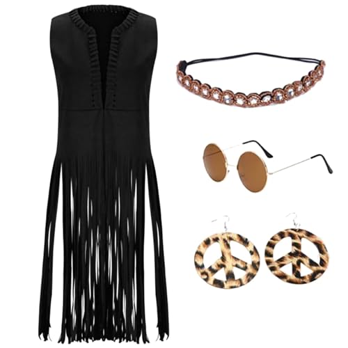 Damen Hippie-Hosen-Set, Hippie-Kostüm Damen mit Hippie-Weste, Hippie-Hosen, Hippie-Brille und Hippie-Accessoires für Karneval, 70er-Jahre-Kostüm, Frau, Cosplay Damen Hippie-Hosen-Set, Hippie-Kostüm Damen mit Hippie-Weste, Hippie-Hosen, Hippie-Brille und Hippie-Accessoires für Karneval, 70er-Jahre-Kostüm, Frau, Cosplay von Generic