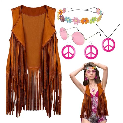 Damen Kostüm Set, Hippie Kostüme Set für Frauen Halloween Karneval - Weiche Damenkostüme Hippie Disco Kleider Details mit Fransen für Halloween Comple Damen Kostüm Set, Hippie Kostüme Set für Frauen Halloween Karneval - Weiche Damenkostüme Hippie Disco Kleider Details mit Fransen für Halloween Comple von Generic
