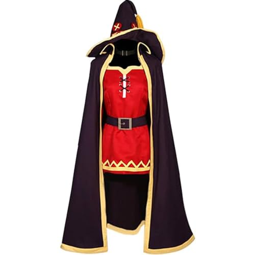 Damen Megumin Cosplay Kostüm Kleid Umhang Mit Hut Halloween Uniform Outfit,Red-L von Generic