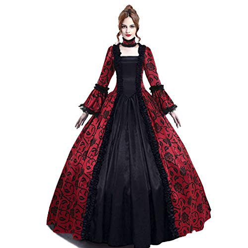 Damen Mittelalter Vitorian Queen Spitze Glockenärmel Ballkleid Halloween Renaissance Maskerade Gothic Party Kostüm (69-Weinrot, L) von Generic