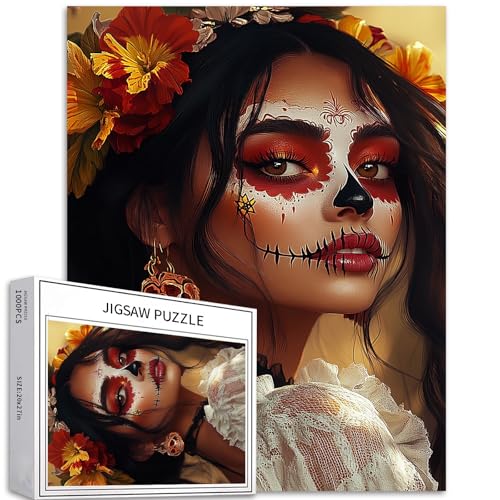 Day of Dead Maske Frau 1000 Teile Puzzle 50 x 70 cm Erwachsene Teenager Heimdekoration herausfordernde Familienaktivitätsspiele buntes DIY Handwerk Puzzle für Heimdekoration Geschenke von Generic