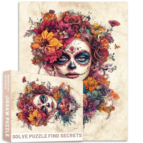 Day of the Dead Girl, Vintage-Puzzle, beigefarbener Hintergrund, 1000 Teile, 50 x 70 cm, aufwendiges Blumendesign, bunt, DIY-Puzzle, Heimdekoration, Geschenke, Familienpuzzle, perfekt für Spielabende Day of the Dead Girl, Vintage-Puzzle, beigefarbener Hintergrund, 1000 Teile, 50 x 70 cm, aufwendiges Blumendesign, bunt, DIY-Puzzle, Heimdekoration, Geschenke, Familienpuzzle, perfekt für Spielabende von Generic