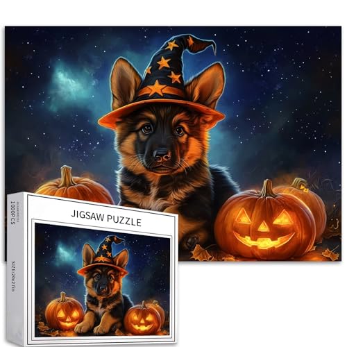 Deutscher Schäferhund Welpe Zauberer Hut Halloween 1000 Teile Puzzle Erwachsene Anfänger Sternennacht Leuchtende Kürbisse Herausfordernd DIY von Generic