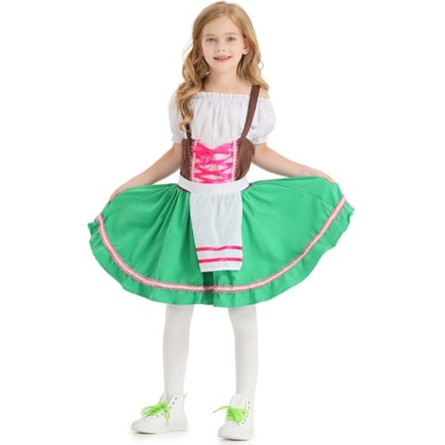 Deutsches Dirndlkleid für Mädchen, Bayerische Oktoberfest Kostüme, Kostümkleid mit Schürze, Partykleider für Kinder im 4–12 Jahren, Traditionelles Deutsches Kleid mit (c-Green, 4-6 Years) von Generic