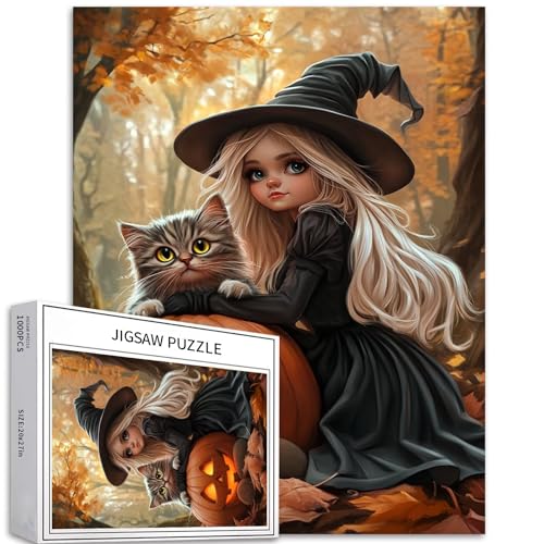 Die kleine Hexe in Schwarz, 1000-teiliges Puzzle für Erwachsene, Herbstwald, Hintergrund, Kunst-Puzzle, bunt, DIY-Puzzles für Heimdekoration, Geschenke, Familienpuzzle, perfekt für Spieleabende, 50 x Die kleine Hexe in Schwarz, 1000-teiliges Puzzle für Erwachsene, Herbstwald, Hintergrund, Kunst-Puzzle, bunt, DIY-Puzzles für Heimdekoration, Geschenke, Familienpuzzle, perfekt für Spieleabende, 50 x von Generic
