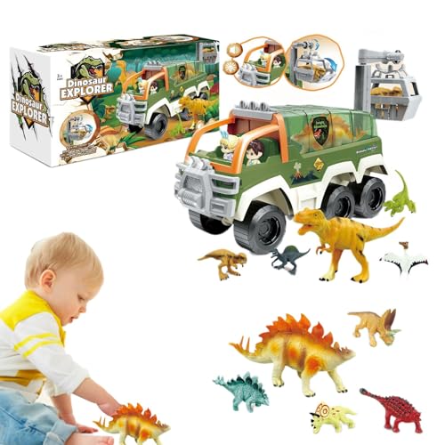 Dino-Truck, Dino-Autos - Realistischer Tier-Truck-Sound und Licht,Dinosaurier-LKW-Dinosaurier-Autos-Set, Geburtstagsspielzeug für Jungen, Transportwagen mit Dino-Figuren von Generic