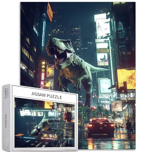 Dinosaur City Puzzle für Erwachsene, Kunstpuzzle des Zusammenlebens von Menschen und Dinosauriern, herausfordernde Familienaktivitäten, buntes Bastelpuzzle für Heimdekoration, Geschenke, 50 x 70 cm, von Generic