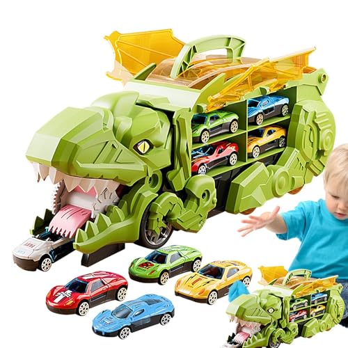 Dinosaurier-Lkw-Transportbox | Transporttasche für Autos mit 12 Autos zum Zurückziehen – tragbarer Transport-Lkw, Spielzeug für Auto, zusammenklappbare Rennstrecke, Spielzeug für au von Generic