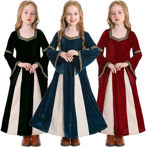 Dirndl Kleider Oktoberfest Kostüm Mädchen Langarm Elegant Trachtenkleid Prinzessinnen-Kostüm für Mädchen Mittelalterlich Halloween Ausgestellte Ärmel Kinder Dirndlparty Korsett (Red, 4-6 Years) von Generic