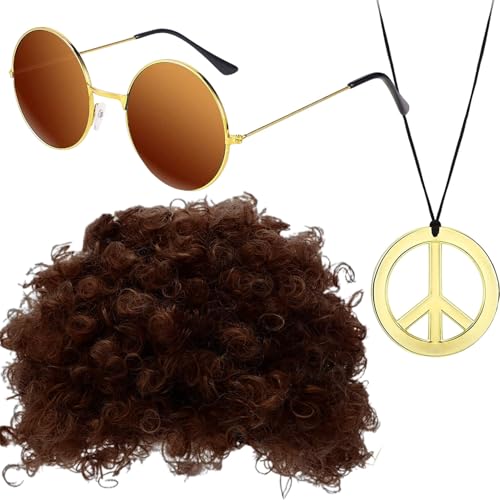 Disko-Perücke Und Sonnenbrille – 3-teiliges Hippie-Kostümzubehörset | Funky Perücke, Stylische Sonnenbrille Und Goldene Halskette Für 50er-, 60er- Und 70er-Jahre-Mottopartys Und Farbenfrohe Feiern von Generic