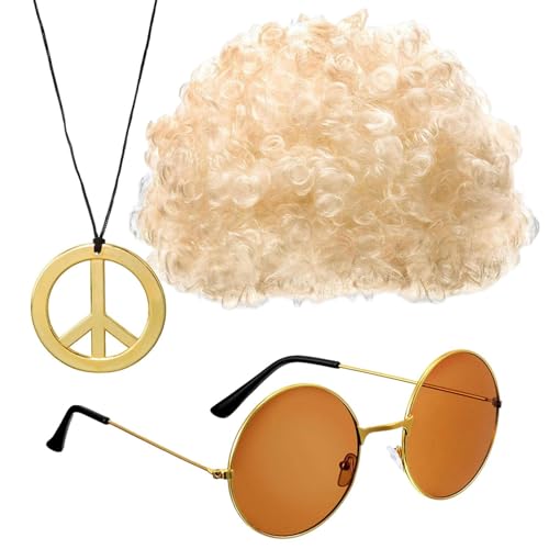 Disko-Perücke Und Sonnenbrille – 3-teiliges Hippie-Kostümzubehörset | Funky Perücke, Stylische Sonnenbrille Und Goldene Halskette Für 50er-, 60er- Und 70er-Jahre-Mottopartys Und Farbenfrohe Feiern von Generic