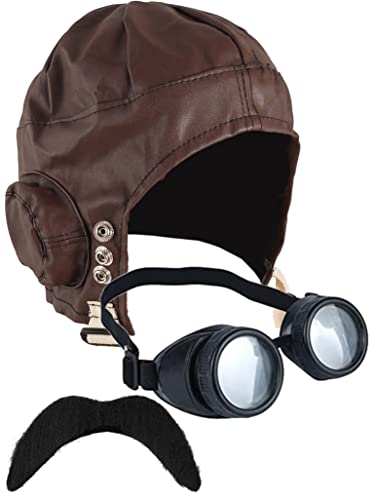 DreamzFit – Fliegerhut für Herren und Damen, Steampunk-Brille und Schnurrbart der 1940er Jahre, Kriegszeit, Erwachsene, Kostümzubehör (Aviator-Piloten-Set, 3-teilig) von Generic