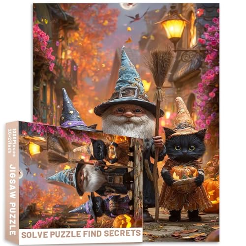 Drei Hexenkätzchen und Zwerg mit Besen, leuchtendes Puzzle für Erwachsene, Halloween-Dekoration, 68,6 x 50,8 cm, bunte DIY-Puzzles für Heimdekoration, Geschenke, Familienpuzzle, perfekt für Drei Hexenkätzchen und Zwerg mit Besen, leuchtendes Puzzle für Erwachsene, Halloween-Dekoration, 68,6 x 50,8 cm, bunte DIY-Puzzles für Heimdekoration, Geschenke, Familienpuzzle, perfekt für von Generic