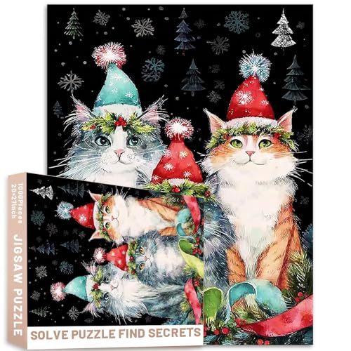 Drei Katzen, Weihnachtsmütze, Schneeflocken, 1000 Stück, Puzzle, schwarzer Hintergrund, festliche Dekoration, bunte DIY-Puzzles für Heimdekoration, Geschenke, Familienpuzzle, perfekt für Spieleabende Drei Katzen, Weihnachtsmütze, Schneeflocken, 1000 Stück, Puzzle, schwarzer Hintergrund, festliche Dekoration, bunte DIY-Puzzles für Heimdekoration, Geschenke, Familienpuzzle, perfekt für Spieleabende von Generic