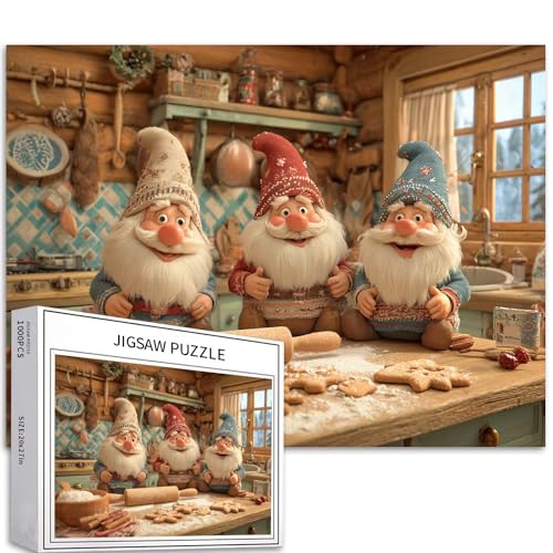 Drei Weihnachtselfen 1000 Teile Puzzle für Erwachsene Frohe Weihnachten Küche Kunst Puzzle Bunte DIY Puzzles für Heimdekoration, Geschenke, Familienpuzzle, perfekt für Spieleabende, 70 × 50 cm von Generic