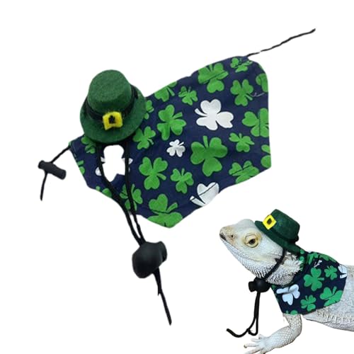 Echsenkostüm Kostüm Set - St. Patrick's Day Green Clover Muster Cloak Hut - Haustierkleidung für kleine Tiere Hamster Leopard Gecko Ausflugs Walking -Kostümer Stylish Echsenkleidung und Hüte Haustier von Generic