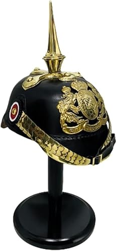 Einzigartiger preußischer Spike-Helm, Militär-Pickelhaube, Replik mit Messingdetails, Lederaufhängung und Holzständer, historische schwarze und goldene Farbe, leicht verstellbar und langlebig von Generic