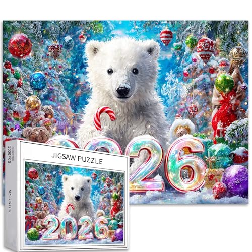 Eisbär 2026 Neujahrs-Illustration, 1000-teiliges Puzzle für Erwachsene, Weihnachtsszene, Kunst-Puzzle, herausfordernde Familienaktivität-Spiele, buntes DIY-Bastelpuzzle für Heimdekoration, Geschenke von Generic