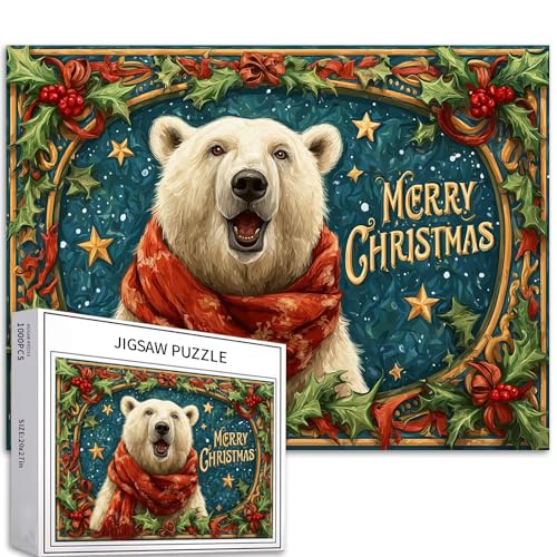 Eisbär mit rotem Schal, 1000-teiliges Puzzle für Erwachsene, Weihnachtskarte, Kunst-Puzzle, herausfordernde Familienaktivitäten, buntes Bastelpuzzle für Heimdekoration, Geschenke, 68 x 50 cm Eisbär mit rotem Schal, 1000-teiliges Puzzle für Erwachsene, Weihnachtskarte, Kunst-Puzzle, herausfordernde Familienaktivitäten, buntes Bastelpuzzle für Heimdekoration, Geschenke, 68 x 50 cm von Generic
