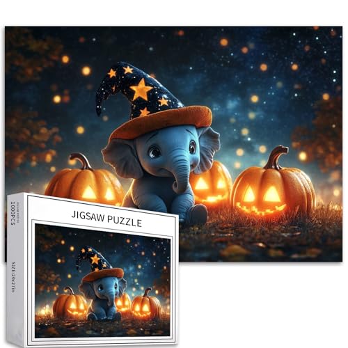 Elefant Baby Zauberer Hut Sterne Halloween 1000 Teile Puzzle Erwachsene Anfänger Sternennacht Leuchtende Kürbisse Home Decor von Generic
