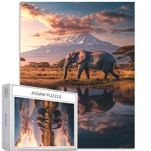 Elefant Grassland Walk 1000 Teile Puzzle für Erwachsene Sonnenuntergang Hintergrund Kunst Puzzle Bunte DIY Puzzles für Heimdekoration, Geschenke, Familienpuzzle, perfekt für Spielabende, 50,8 x 68,6 von Generic