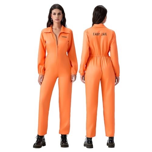 Erwachsene Halloween Häftling Kostüm Nummer Druck Langarm Gefängnis Overall für Frauen Männer Halloween Fancy Dress Up Kleidung (Orange Women, S) von Generic