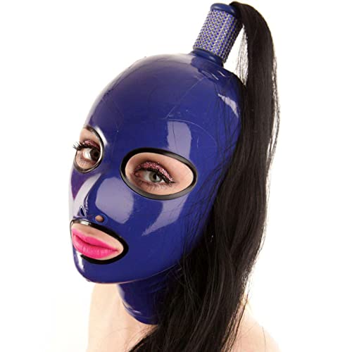 Erwachsene Unisex Latex Kopfbedeckung Halloween Cosplay Kapuze Gesichtsmaske Offene Augen Nasenloch Mund Zurück Reißverschluss Gesichtsabdeckung Erotische Maske,Blau,L von Generic