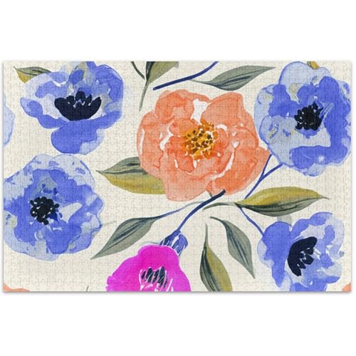 Erwachsenen-Puzzle, 500 Teile, weißer Elefant, lustiges Spielzeug für Erwachsene, Tier, Blumen, Blätter, Aquarell, Blau, 50 x 37 cm von Generic