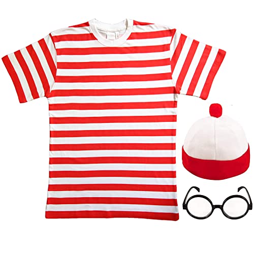 Langärmlig Rot Weiß Gestreift Oberteil mit Hut & Gläser Modisches Kostüm-Set von Generic