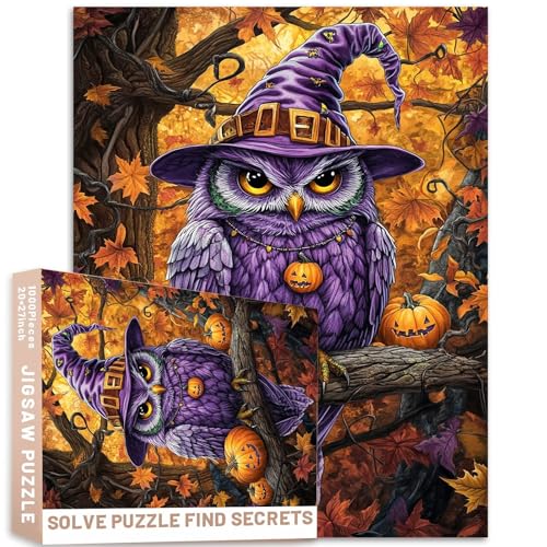 Eule Hexenhut Halloween Puzzle Herbst Blätter Kunst 1000 Teile Erwachsenenpuzzle herausfordernde Familienaktivitätsspiele buntes DIY Handwerk Puzzle für Heimdekoration Geschenke von Generic