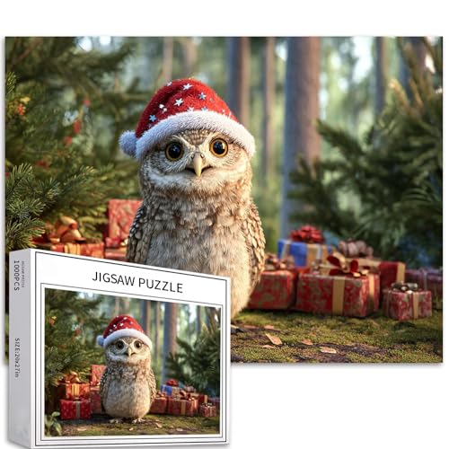Eule mit Weihnachtsmannmütze, 1000 Teile Puzzles für Erwachsene, Weihnachtsbaum-Hintergrund, Kunst, Puzzle, bunt, DIY-Puzzle, für Heimdekoration, Geschenke, Familienpuzzle, perfekt für Spieleabende von Generic